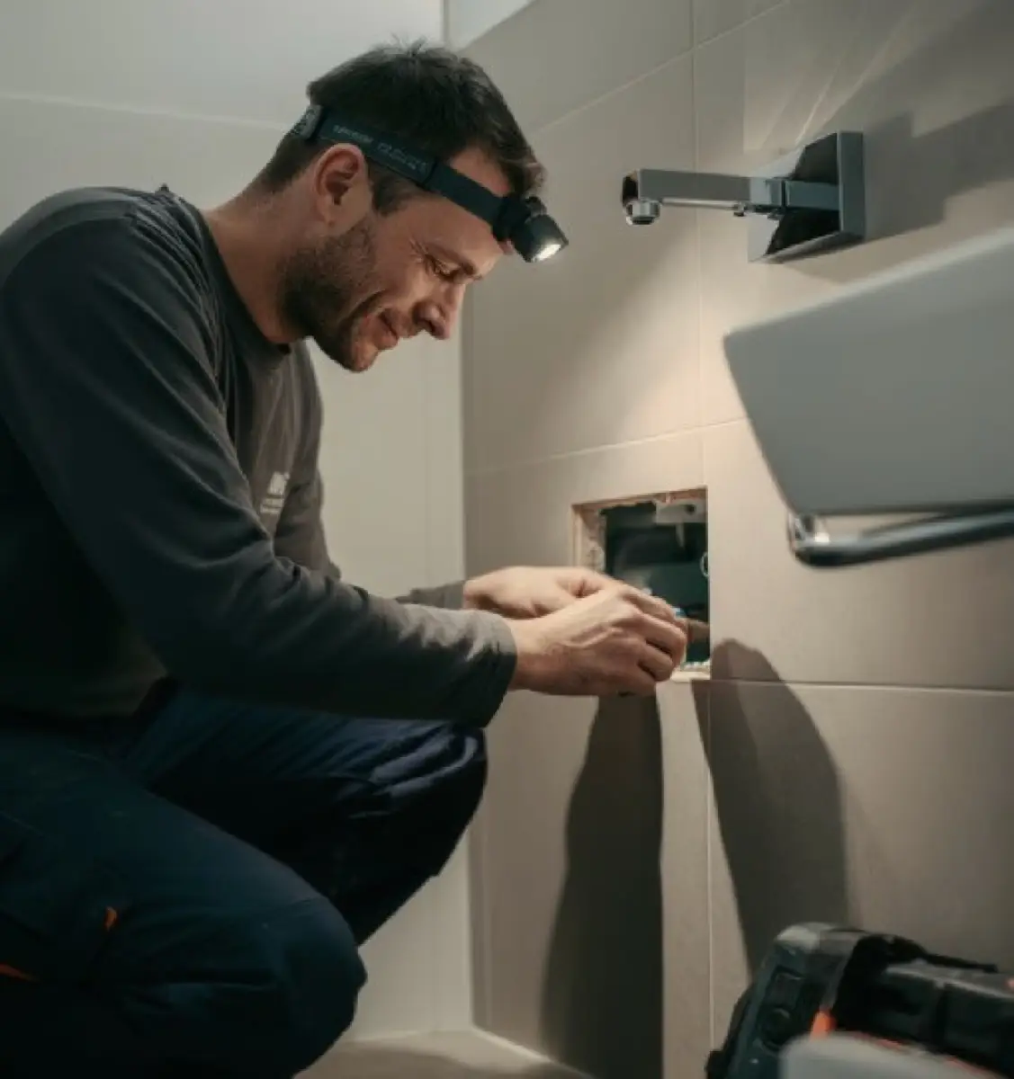 Un plombier travaille sur un raccord dans un mur de salle de bain.